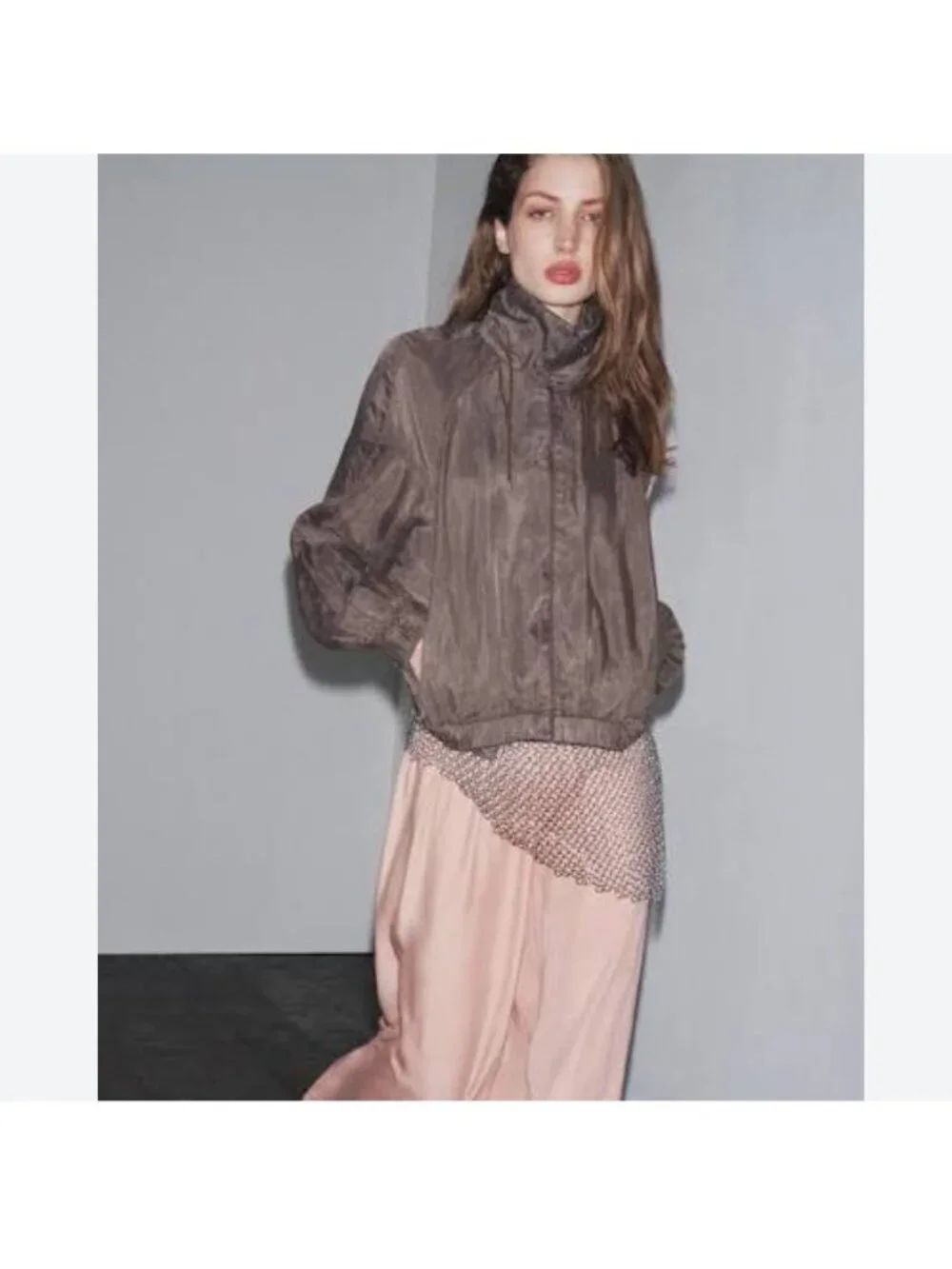 Zara Women Bomber Jacket Size L Brown Lyocell Elastic Hem Zip Front 2183/245 NWT